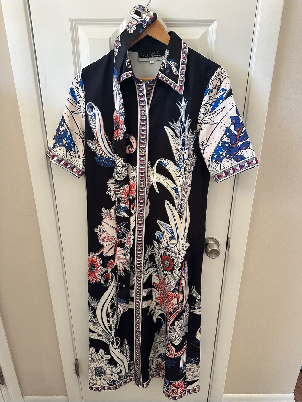Button-Front Floral Midi Dress in Black and White with Blue Accents